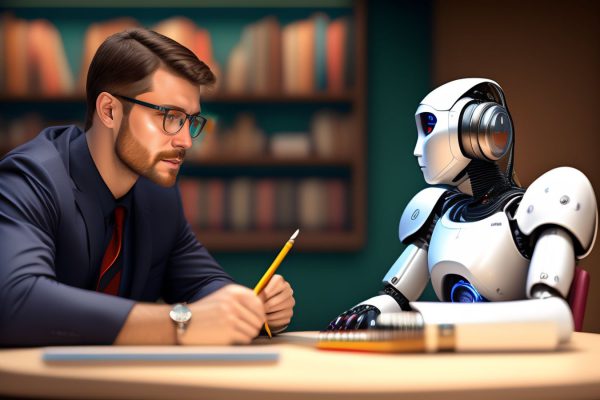 A detailed portrait of a white teacher talking with robot, digital art, realistic painting, dnd, character design