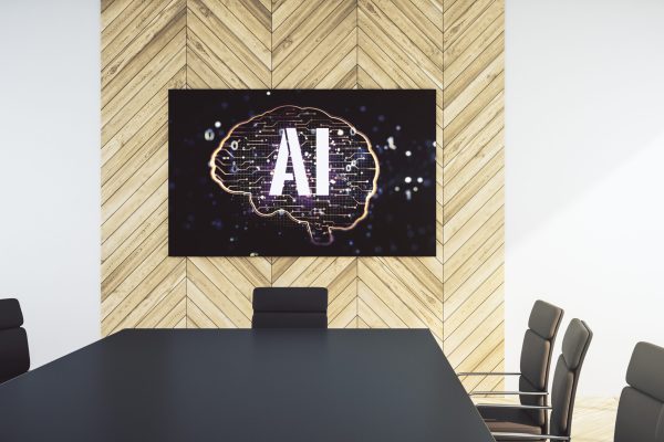 Creative artificial Intelligence concept with human brain sketch on tv display in a modern presentation room. 3D Rendering